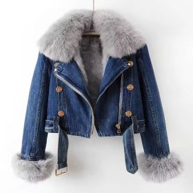 Detachable Fox Fur Rabbit Fur Liner Denim Coat (Option: Dark Blue-L)