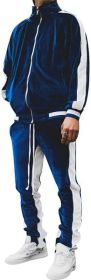 Men's 2 Pieces Full Zip Tracksuits Golden Velvet Thickening Sport Suits Casual Outfits Jacket & Pants Fitness Tracksuit Sets (Color: Navy, size: M)
