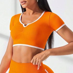 Running Fitness Short Sleeve Sports Top High Waist Peach Hip Yoga Shorts Seamless Yoga Suit (Color: Orange-Top, size: L)