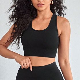 Running Fitness Sports Bra Women Seamless Knitted Skinny Peach Hip Hollow Out Cutout Breathable High Elastic Yoga Suit (Color: Black-Bra, size: M)