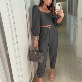 Spring Autumn Short Top Trousers 2 Piece Set Women Casual Sportswear Suit Square Collar Slim Fit Loose Solid Fashion Streetwear (Color: Black, size: XL)