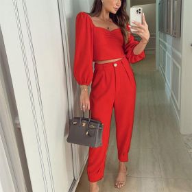 Spring Autumn Short Top Trousers 2 Piece Set Women Casual Sportswear Suit Square Collar Slim Fit Loose Solid Fashion Streetwear (Color: Red, size: M)