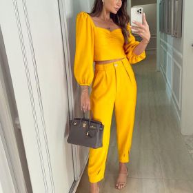 Spring Autumn Short Top Trousers 2 Piece Set Women Casual Sportswear Suit Square Collar Slim Fit Loose Solid Fashion Streetwear (Color: Yellow, size: S)