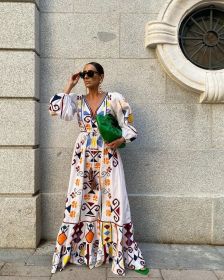 New European And American Vacation Style Lantern Sleeve Printed Dress (Option: White-L)