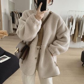 Lamb Wool Coat For Women Winter New Loose Slimming Stand Collar Padded Coat (Option: Creamy White-XL)