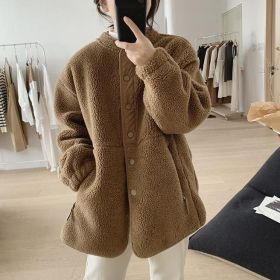 Lamb Wool Coat For Women Winter New Loose Slimming Stand Collar Padded Coat (Option: Brown-XL)