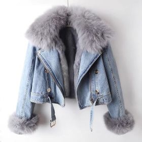 Detachable Fox Fur Rabbit Fur Liner Denim Coat (Option: Blue-3XL)