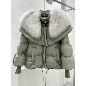 High-end Fox Fur Collar White Duck Down Short Down Jacket Female Light Luxury Loose And Warm Puffer Jacket Coat (Option: Bean Green-M)