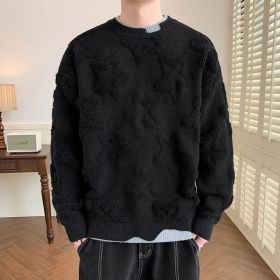 Knitwear Men's Autumn And Winter New Loose Trendy Fake Two-piece Round Neck Sweater (Option: Black-XL)