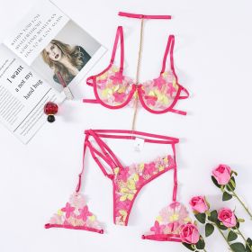 Lace Embroidery Floral Embroidery Mesh Thin Emotion Three-piece Set (Option: Rose Red-L)