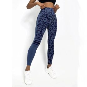 Chemical Fiber Blend Leopard Print Yoga High Waist Tights Fashion Sports Seamless Trousers Fitness Pants (Option: Dark Blue-L)