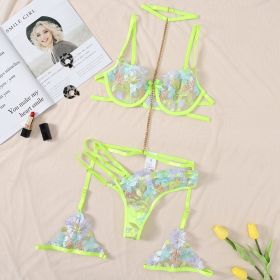 Lace Embroidery Floral Embroidery Mesh Thin Emotion Three-piece Set (Option: Fluorescent Green-L)